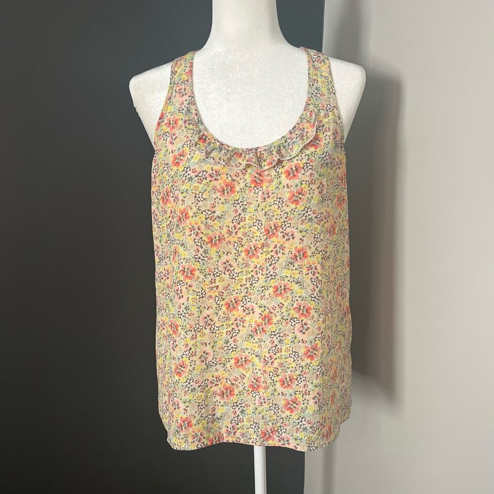 Candie’s Woman’s Yellow Pink Floral Print Sleeveless Ruffled Blouse - Size L